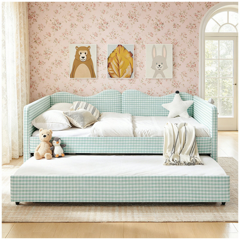 Lit de jour double, lit de jour rembourré en vichy équipé d'une base de lit gigogne escamotable et d'une pochette de rangement latérale, canapé-lit multifonctionnel en bois massif pour chambre d'enfant et chambre d'amis - Cyan