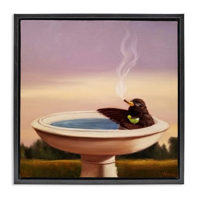 Birdbath with Cocktail Humor Framed Floater Canvas Wall Art by Lucia Heffernan