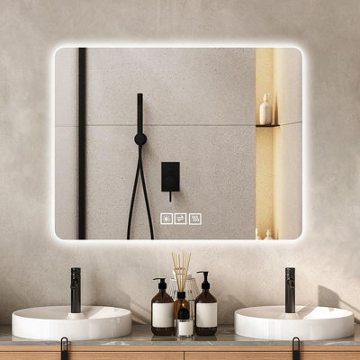 28*36 Inch Bathroom Mirror With Led Lights Front And Backlit, Anti-Fog Lighted Vanity Mirrors For Wall Mounted, 3 Colors And 5 Level Dimmable, Horizontal/Vertical