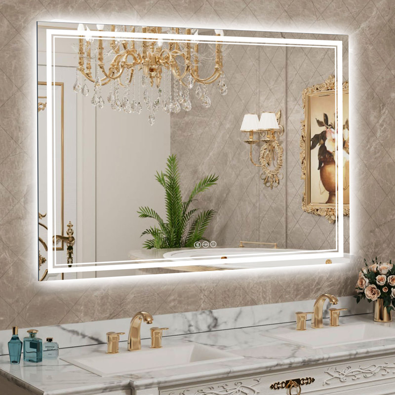 Miroir de salle de bain lumineux à DEL double face avec fonction antibuée, gradation continue et température tricolore. Fabrication en verre trempé. Miroir de maquillage. Certifié ETL / UL.