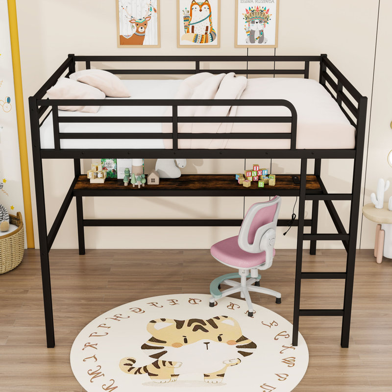Queen Metal Loft Bed With LED Light, Desk And USB Ports