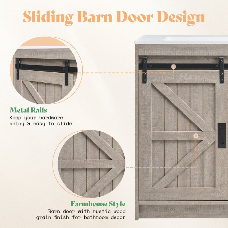 Chimira 31" Sliding Barn Door Bathroom Vanity with Sink, Farmhouse Small Single Bathroom Vanity Set, Gray, Gray