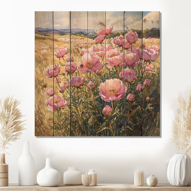 Pivoines dans un champ ensoleillé III - impression de pivoines sur bois de pin naturel, H 15 po x l 15 po x P 0,78 po