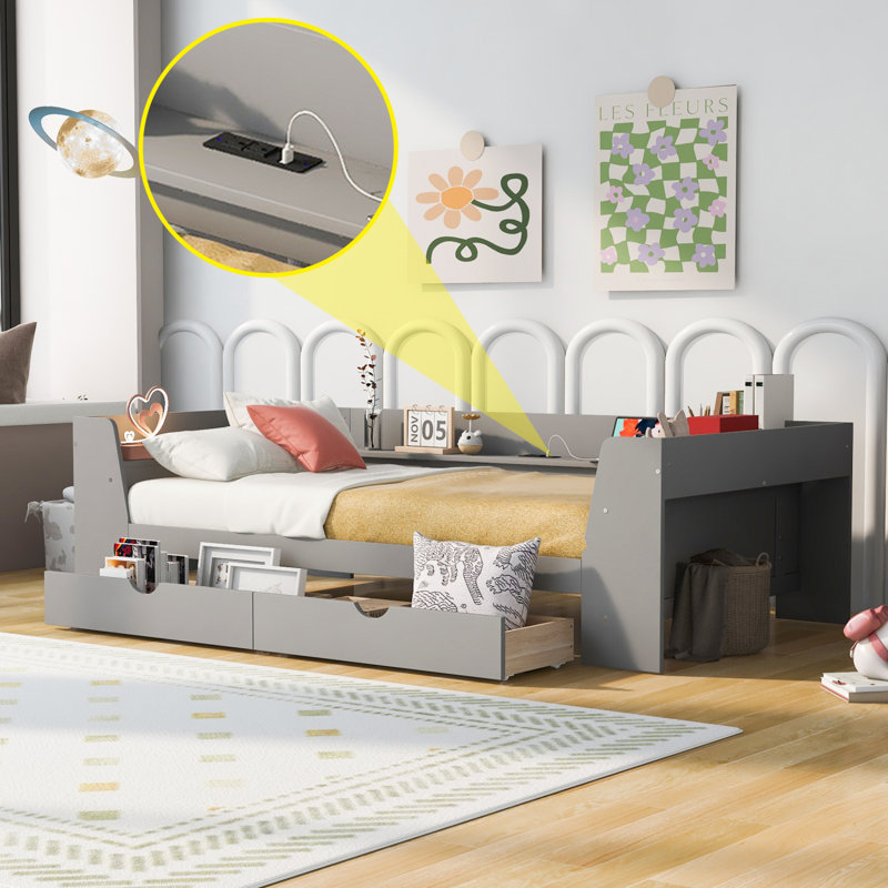 Daybed With Shelves, Drawers And Built-In Charging Station, Grey
