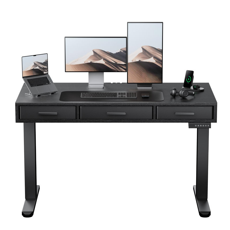 Bureau debout électrique 55 * 28 avec tiroirs en tissu, bureau assis-debout à hauteur ajustable avec fixation en C-Clamp, bureau élargi, 4 réglages de hauteur personnalisés, noir