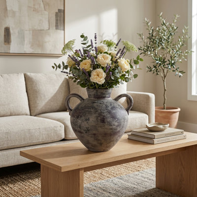 Modern Amphora Terracotta Pottery Flower Vase with Double Handles for Home Decor and Table Display - Tall Vase Accent for Shelves and Centerpieces
