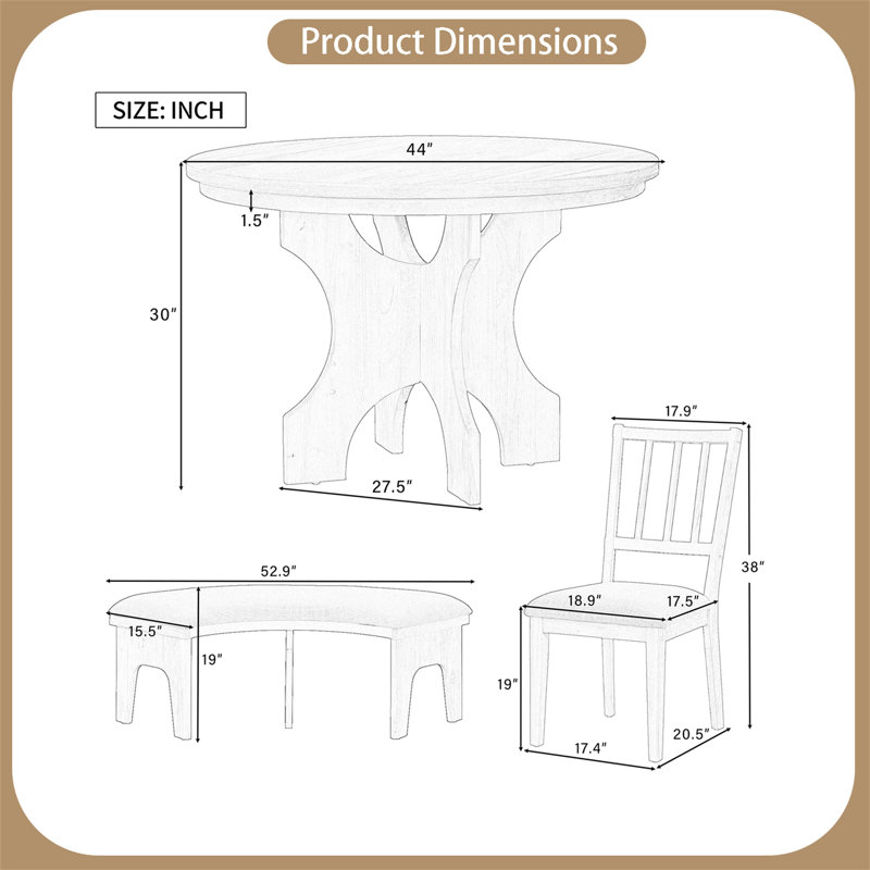 3 - Person Four Leg Dining Set, Natural Wood Wash, Beige/Natural Wood Wash