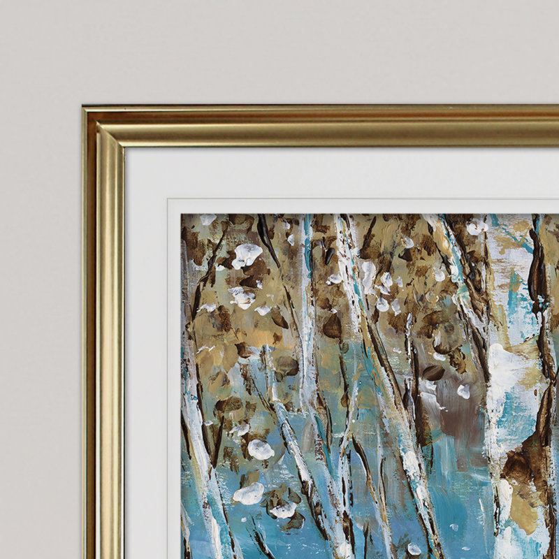 « winter bouleau », reproduction de peinture à l’acrylique encadrée, Or, H 24 po x l 32 po x P 1,5 po