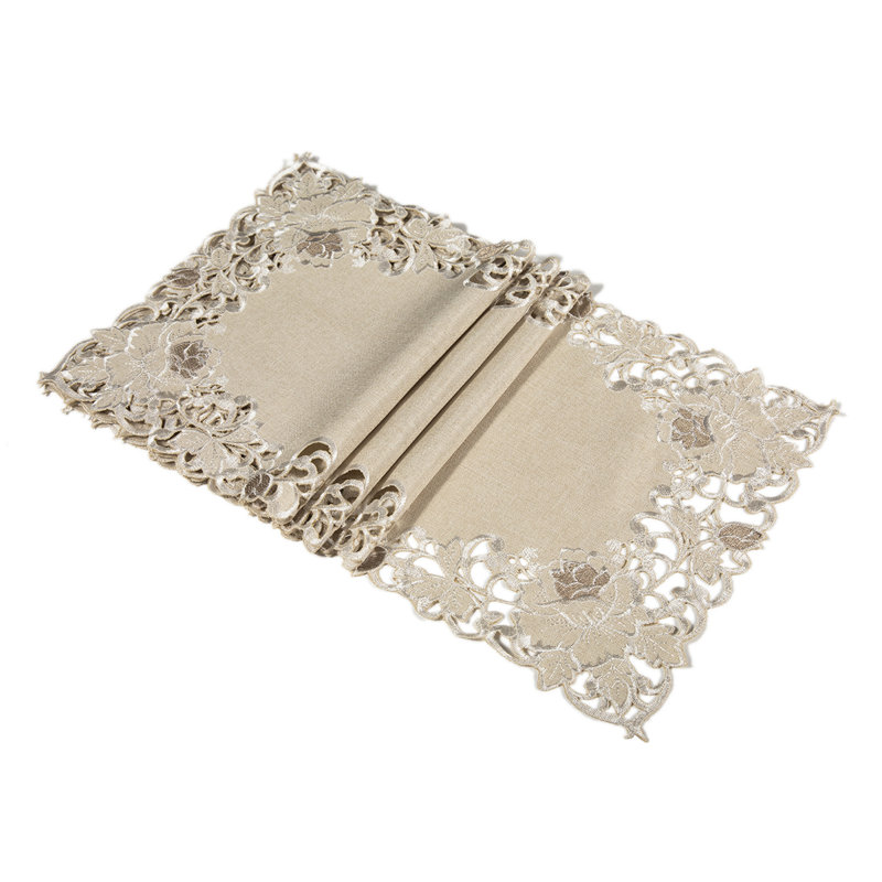 Scrolling Rose Embroidered Cutwork Tray Cloth