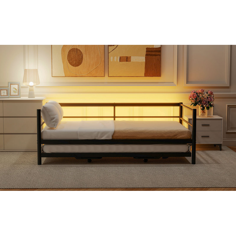 Twin  Metal Daybed With LED And Adjustable Trundle, Pop Up Trundle, Black