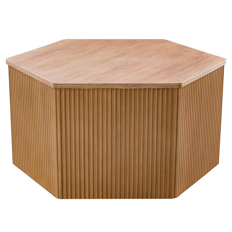 Fluted Hexagon Coffee Table with Natural Wood Finish and Hollow Interior for Modern Living Spaces