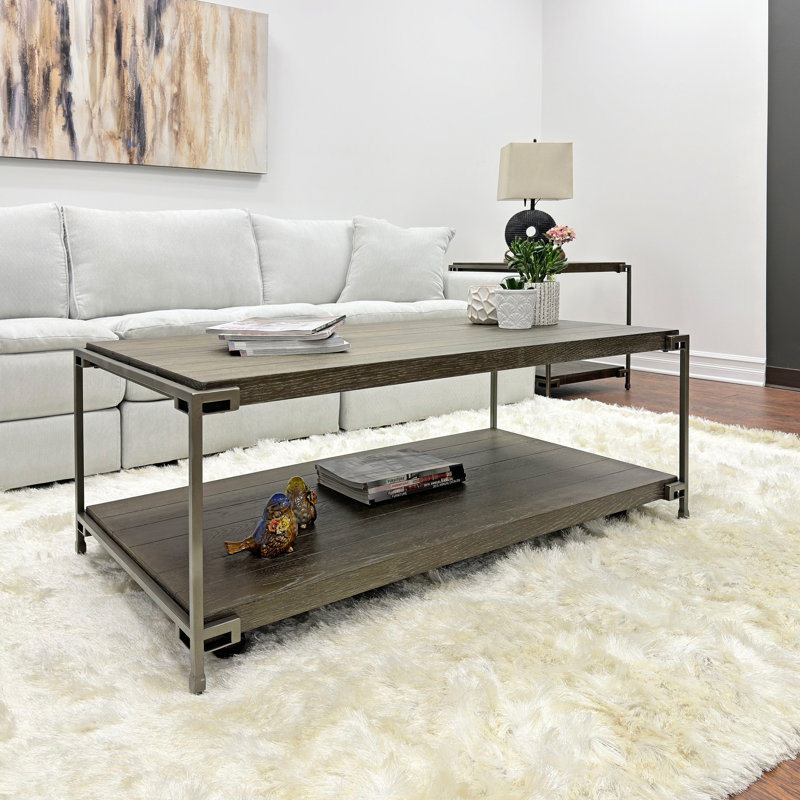 Table basse à structure métallique pour salon - Bois massif et placage de chêne, fini graphite vieilli élégant, étagère de rangement, 127 cm (l) x 66 cm (p) x 46 cm (h) - Mobilité élégante