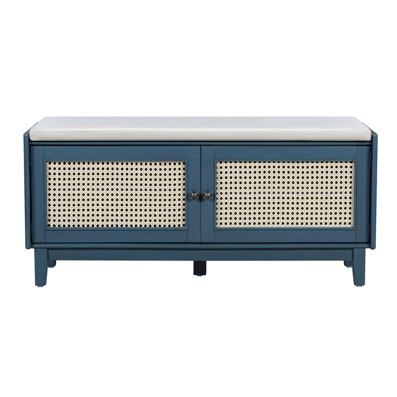 TREXM Boho Rattan Entryway Bench with Storage and Cushioned Seat, Antique Navy and Beige, Navy