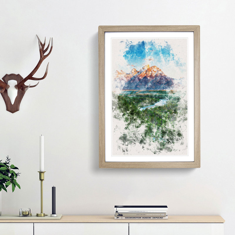 Teton Mountain Range - Picture Frame Painting Print, 33cm H x 24cm W x 2cm D, Oak Framed