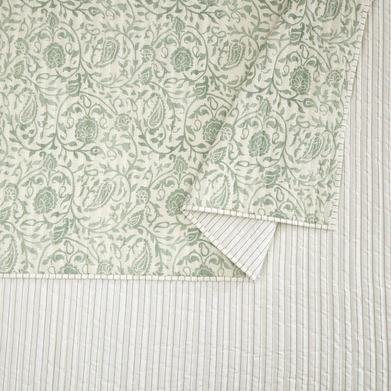 Eden Paisley Gauze 3-Piece Reversible Quilt Set, Full/Queen Quilt + 2 Standard Shams, Green