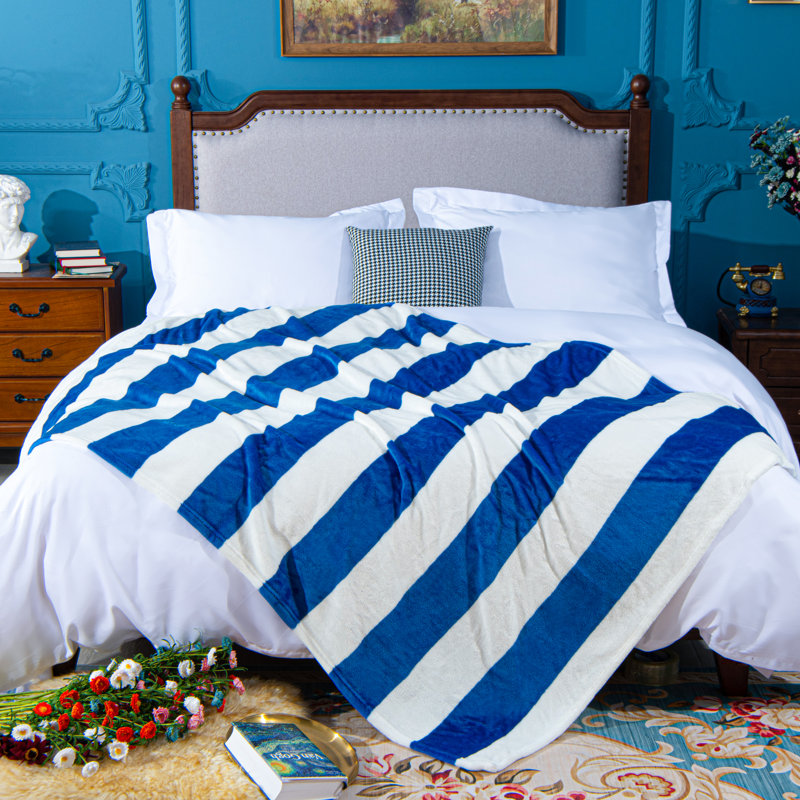 Couverture en flanelle super douce, Jeté, Rayé bleu / blanc
