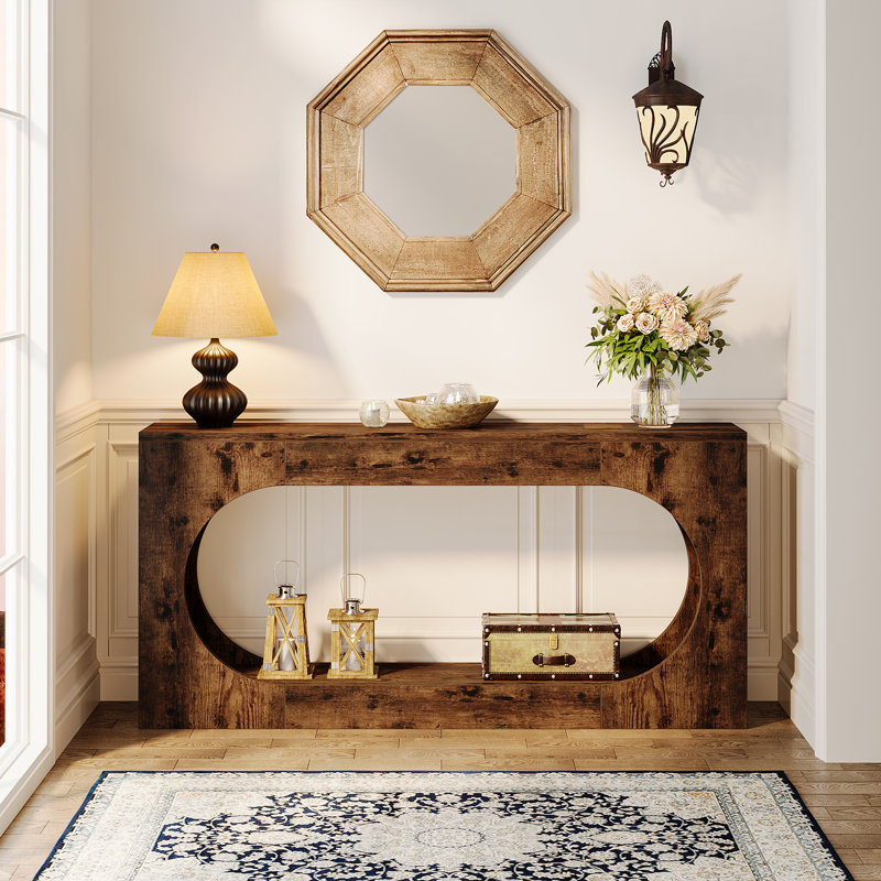63-Inch Rustic Brown Wood Console Table with Storage Shelf