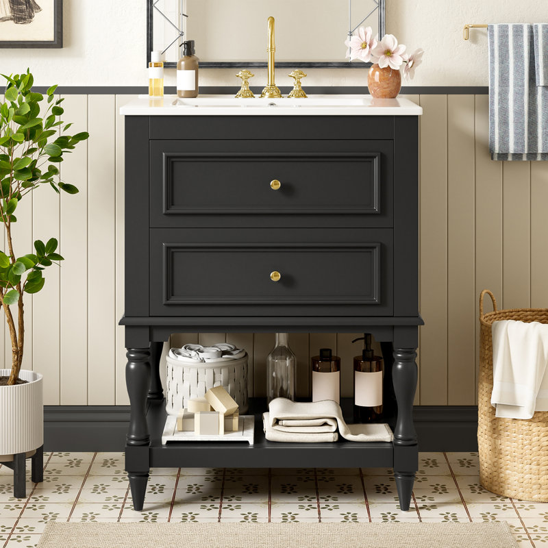 Meuble-lavabo rétro avec lavabo en céramique, deux tiroirs et tablette ouverte pour un rangement efficace et un décor élégant.
