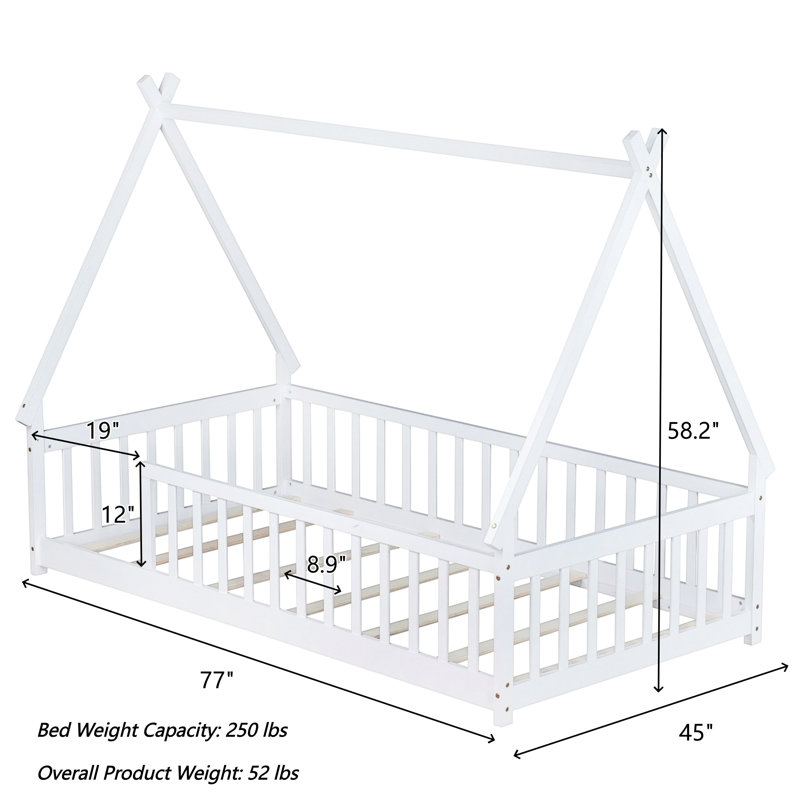 Kids House Platform Bed Frame, Twin Size Floor Design, Guardrail Safety Frame, Bedroom, White