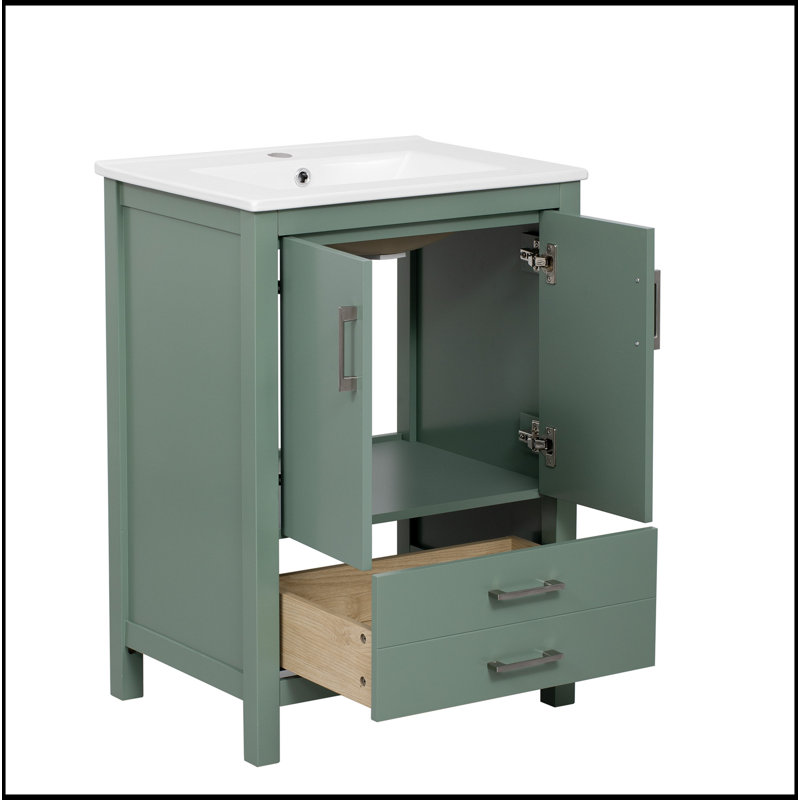 Meuble-lavabo 24 po avec lavabo en céramique, meuble Storae autoportant moderne avec poignées argentées, portes à fermeture douce