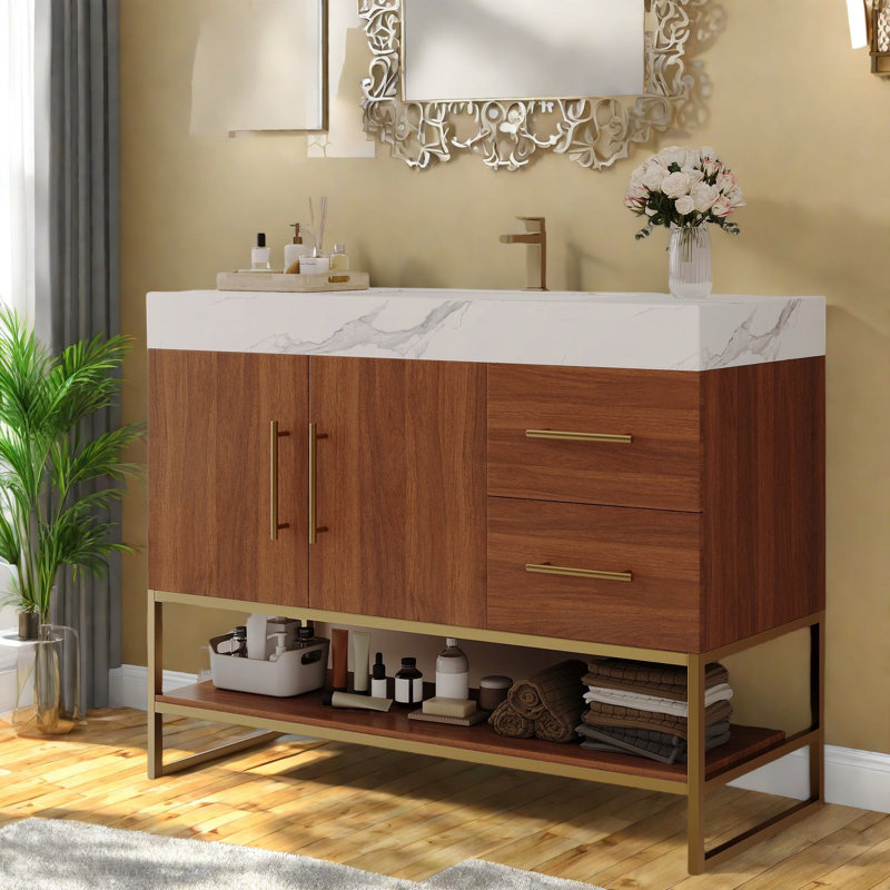 Élégant meuble-lavabo et lavabo avec accents dorés, durabilité et style modernes