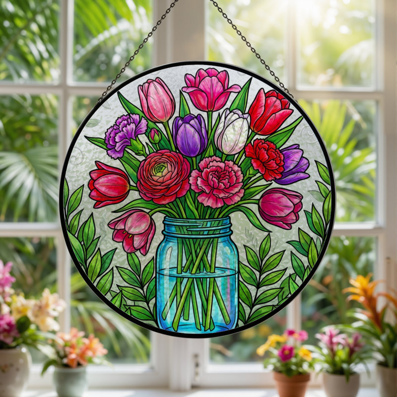 Vitrail d'arrangement floral H 7,8 po, 7.8" H x 7.8" W