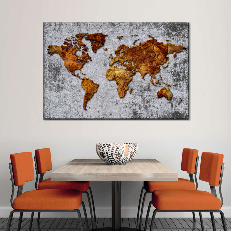 Carte du monde en bronze antique, H 8 po x l 12 po x P 1 po