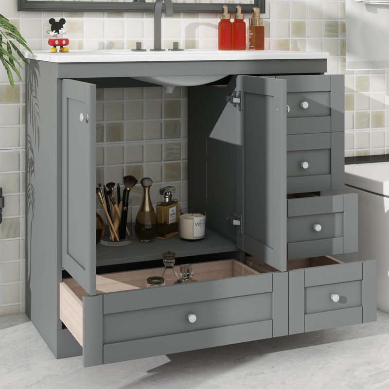 Meuble-lavabo 36 po avec lavabo en céramique et armoire de rangement à tiroir, Gris