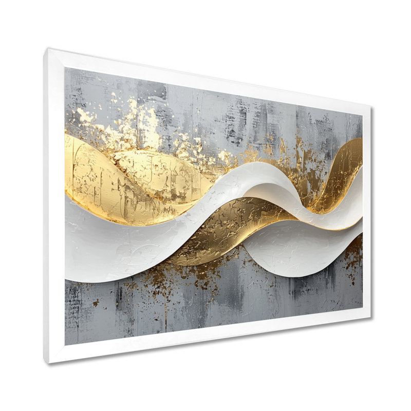 Abstrait bosquet d'introspection en or et blanc V - art abstrait de vagues modernes, Cadre simple, H 34 po x l 44 po, Blanc