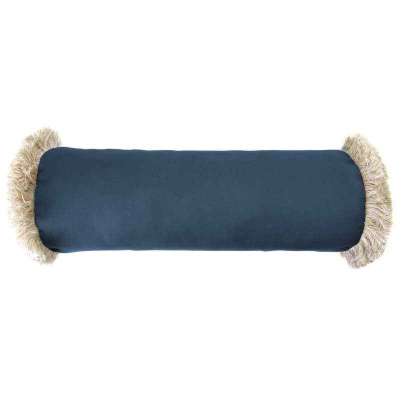 Outdoor Bolster Pillow with Fringe Trim, Blue/Beige