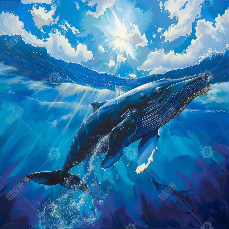 Swimming whale - 32"x32" art on canvas