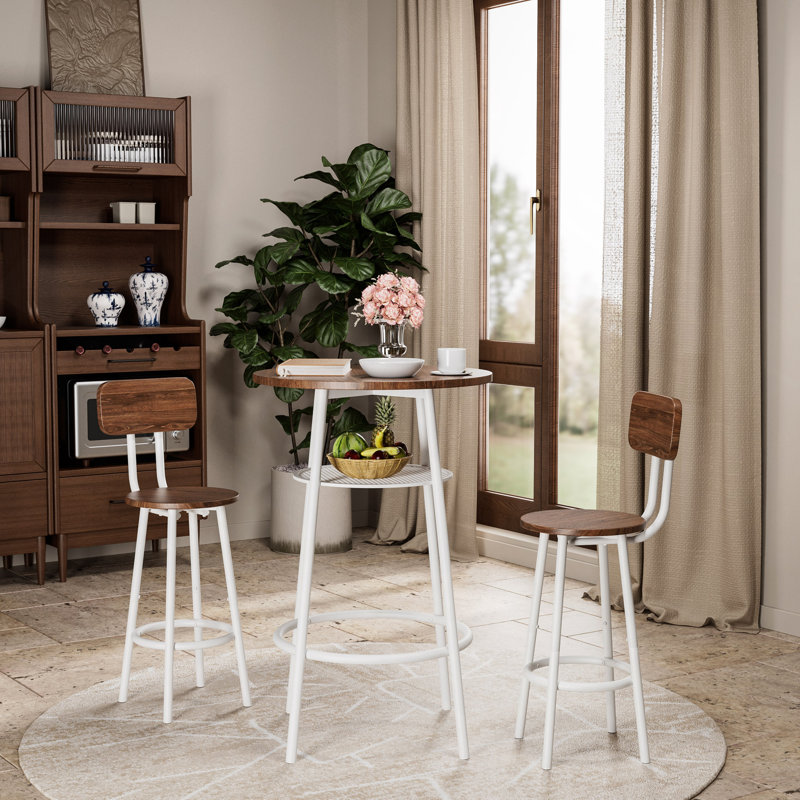 3-Piece Bar Table Set With 2 Bar Stools – Modern Pub Table With Backrests & Storage Shelf
