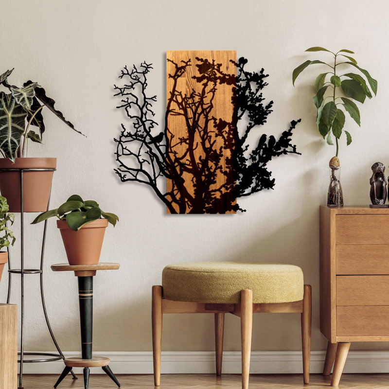 Stylish Decorative Wooden Wall Accessory, Walnut & Black, 26.8 x 22.8 x 1.2 inches | 50% Real Wood (Thickness: 1.2 inches) & 50% Metal (Thickness: 0.6 inches) | Unique Design, Perfect for Home Decor & Modern Spaces