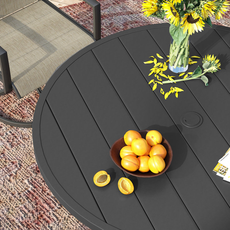  8-Person Patio Dining Set with 60" Round Dining Table and 8 Padded Textilene Swivel Chairs, Black/Navy