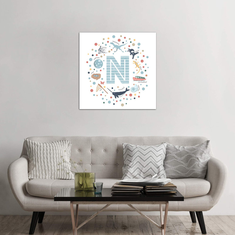 Lettre illustrée N bleue - impression, Pas de tapis, H 18 po x l 18 po x 1,5 po, Toile tendue