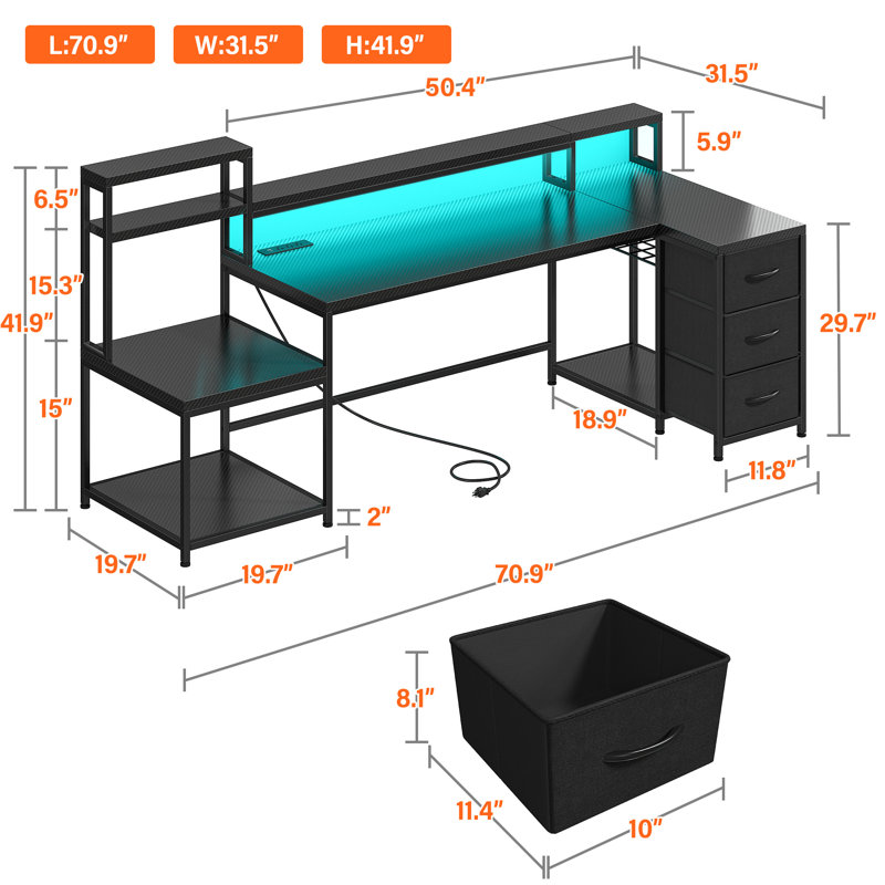 71"w Led L-shaped Computer Desk,gaming Desk With Power Outlet,home Office Desk With Monitor Stand, Black