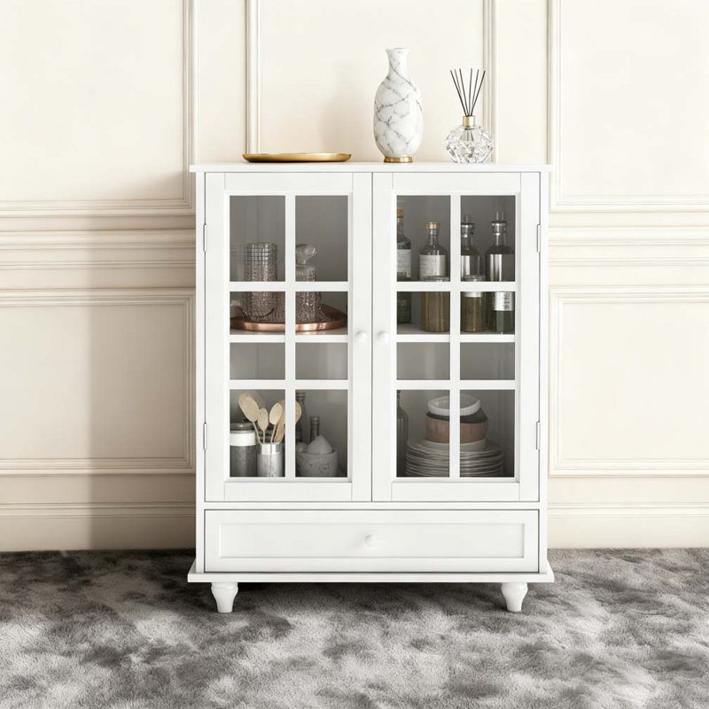 Buffet avec portes à double vitrage et tiroir, Blanc