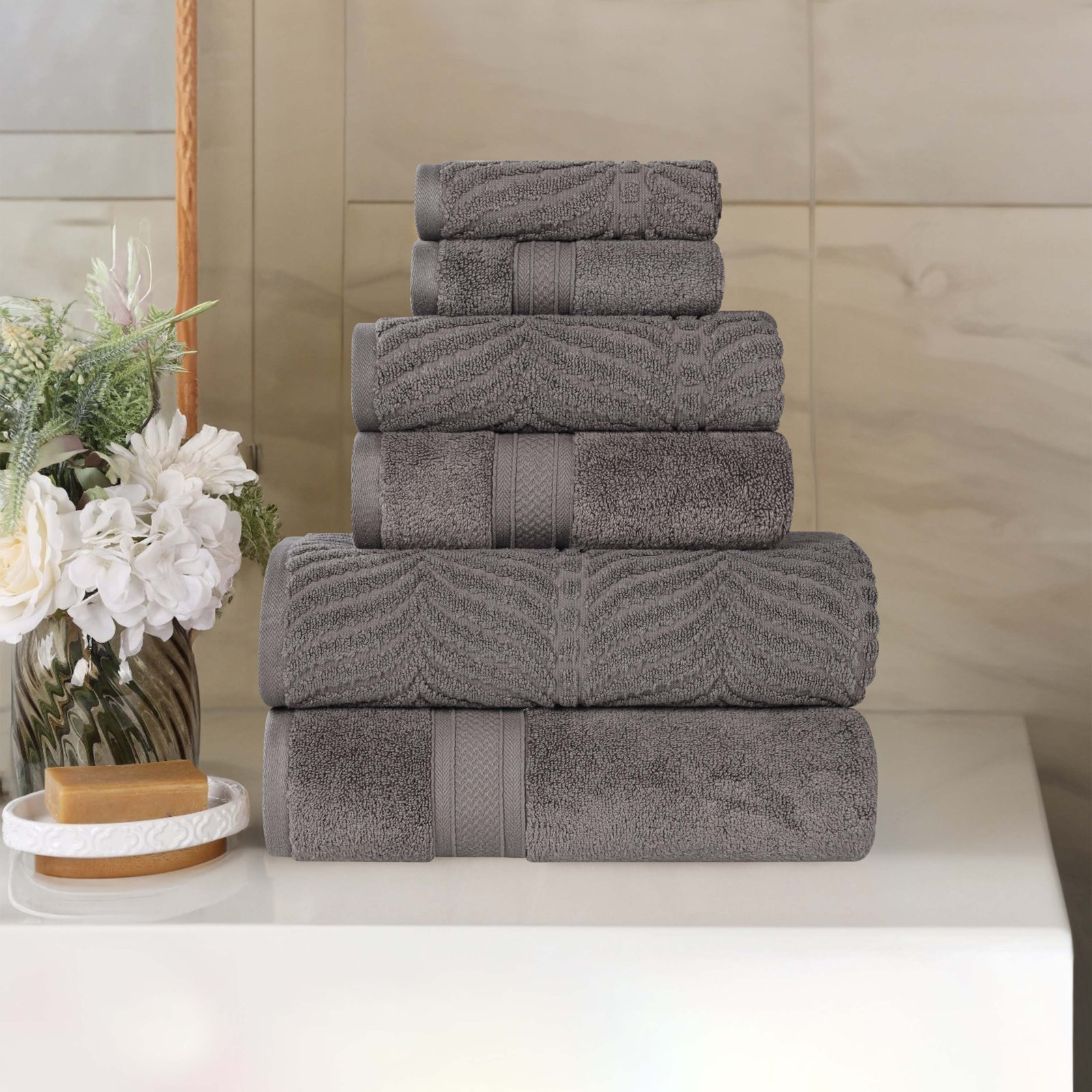 Amaretto 6-Piece Chevron Cotton Towel Set, Charcoal