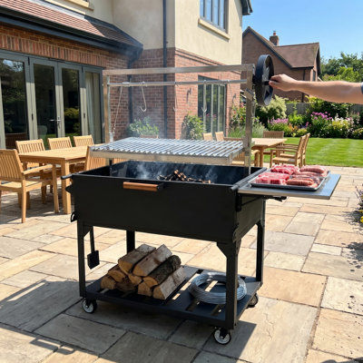 Barbecue en bois et charbon Santa-Style avec grille réglable à manivelle et roulettes verrouillables