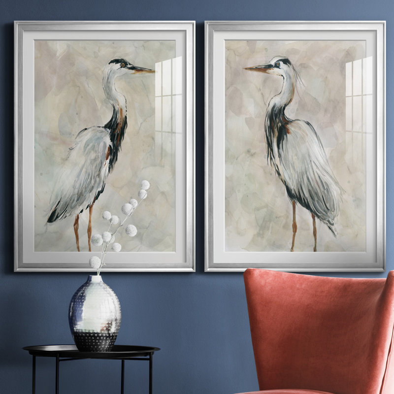 Crane at Dusk I - ensemble de 2 reproductions, H 26,5 po x l 73 po, Papier avec cadre érable, Argent argent