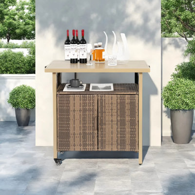 Chariot-bar extérieur en osier avec roulettes, chariot de service à boissons en rotin roulant, chariot de bar à vin pour terrasse, jardin, bord de piscine, fête