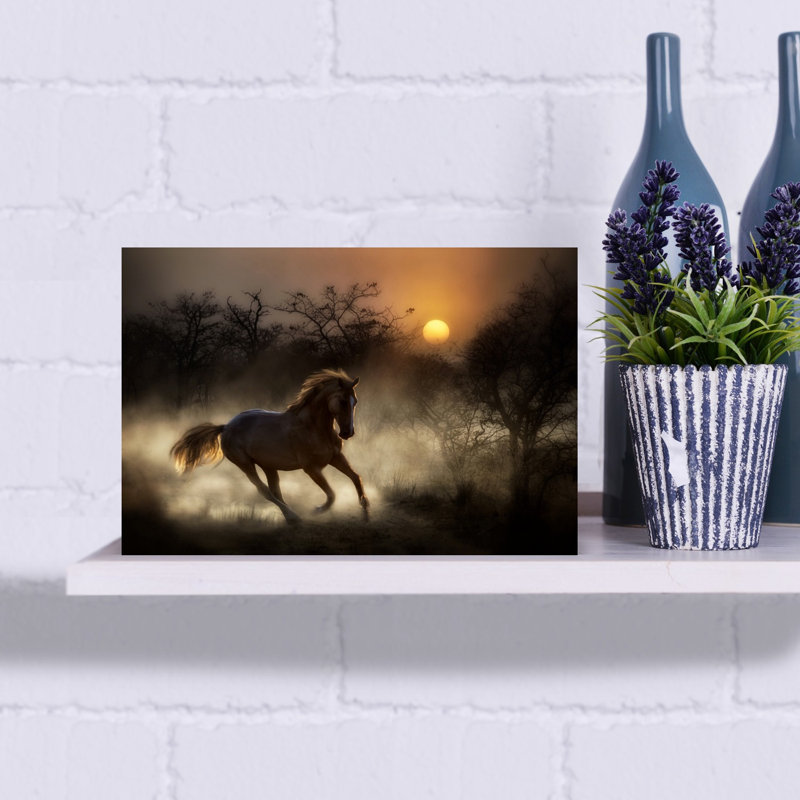 Cheval sauvage au coucher du soleil, course au coucher du soleil, affiche murale abstraite et contemporaine représentant un cheval sauvage au lever du soleil.