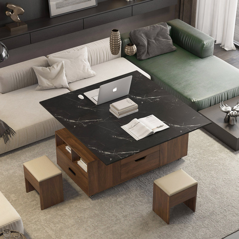 Table basse relevable moderne avec 2 tabourets, rangement dissimulé et tiroirs extensibles pour une salle à manger et un salon peu encombrants