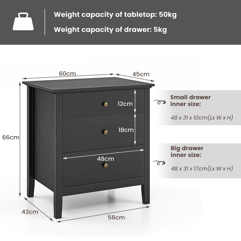 Autry 60 cm W Bedside Table, Black
