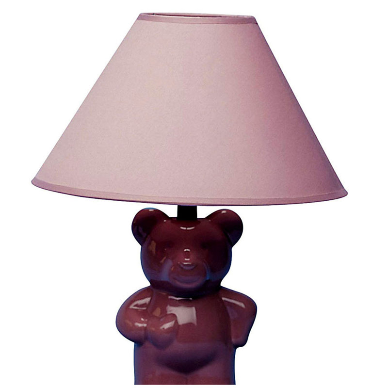 13" Tall Ceramic Table Lamp, Teddy Bear design with Pink finish, Linen Shade