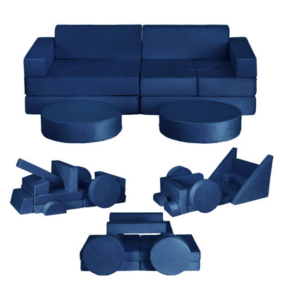 Ensemble de 14 pièces pour enfants : canapé de jeu modulable et souple avec housses lavables, en mousse haute densité, idéal pour les tout-petits et les enfants. Parfait pour construire une cabane dans la salle de jeux (bleu).