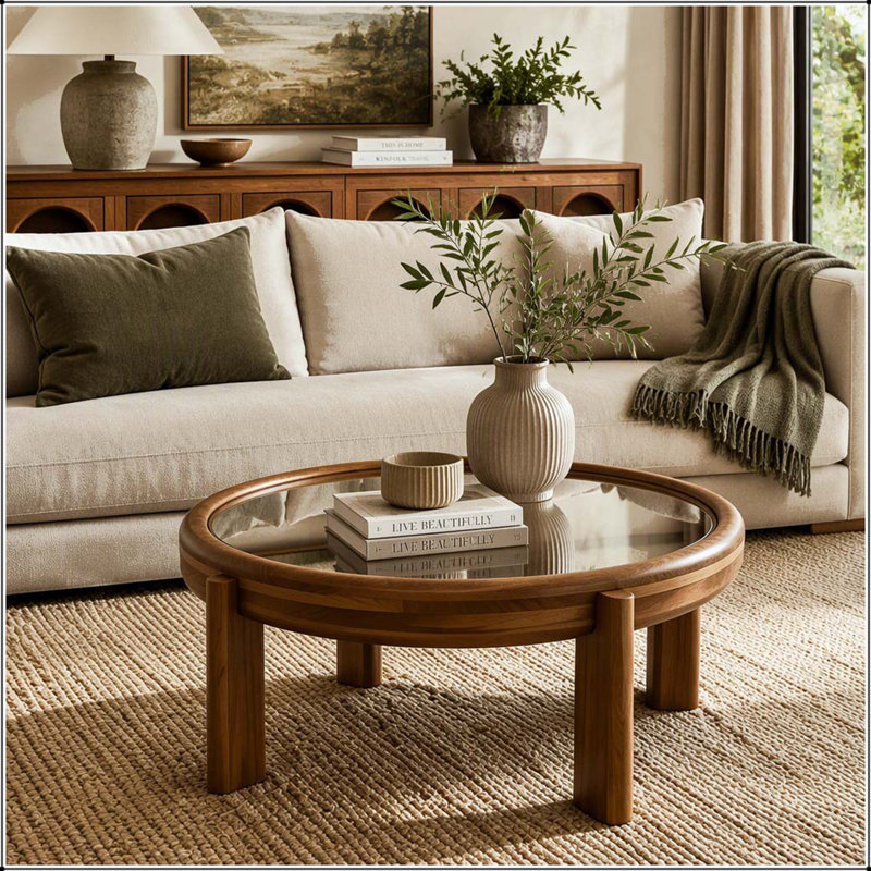 Table basse ronde 33,46 pouces avec plateau en miroir argenté et structure en bois massif et pieds cylindriques