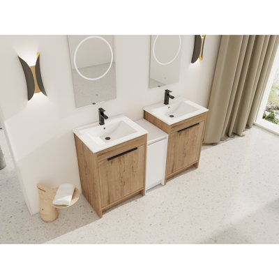 De meuble-lavabo moderne double avec lavabo en céramique avec deux unités de rangement et système de porte à fermeture en douceur