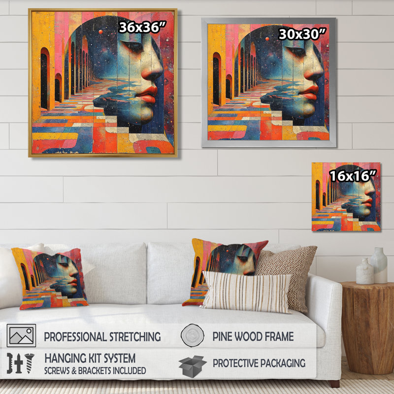 Portrait rétro surréalisme futuriste - art abstrait de vagues modernes, Toile avec cadre flottant noir