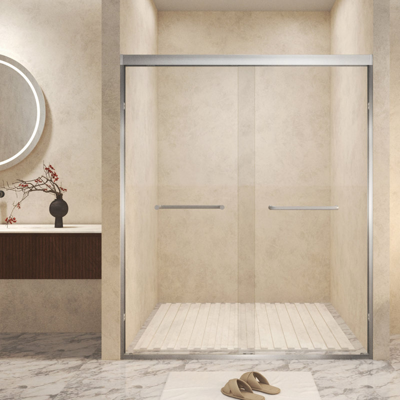 44-48" X 72" Tempered Glass With Explosion Proof Film, Aluminum Frame Double Sliding Shower Door, "1/4 (6 Mm), Stainless Steel Handle